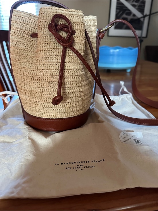 Sezane Handbags - Beautiful Sezane Mini Farrow Raffia Bucket Bag with Brown Leather Trim..NEE